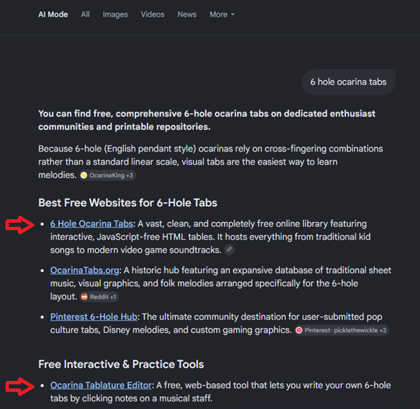 Google search results for the query '6 Hole Ocarina Tabs', with this site listed in the top position